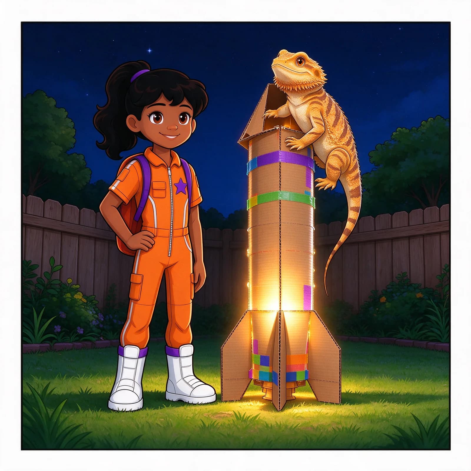 Illustration: Zara pressed a paper star patch onto the rocket's side and stepped back to admire it.