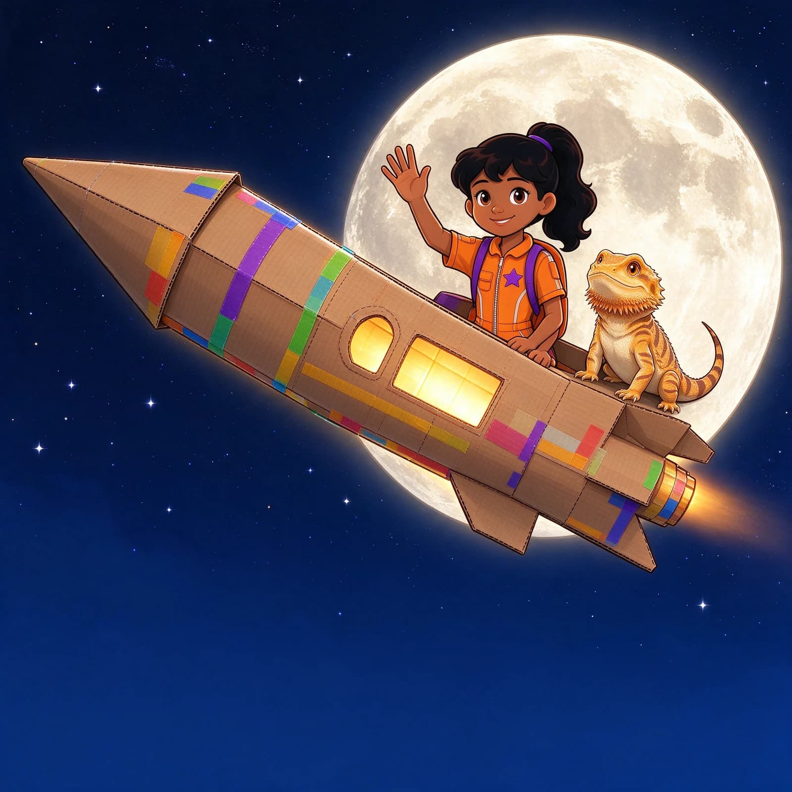 Illustration: They sailed past the Moon, round and silver and smiling, it seemed, just for them.