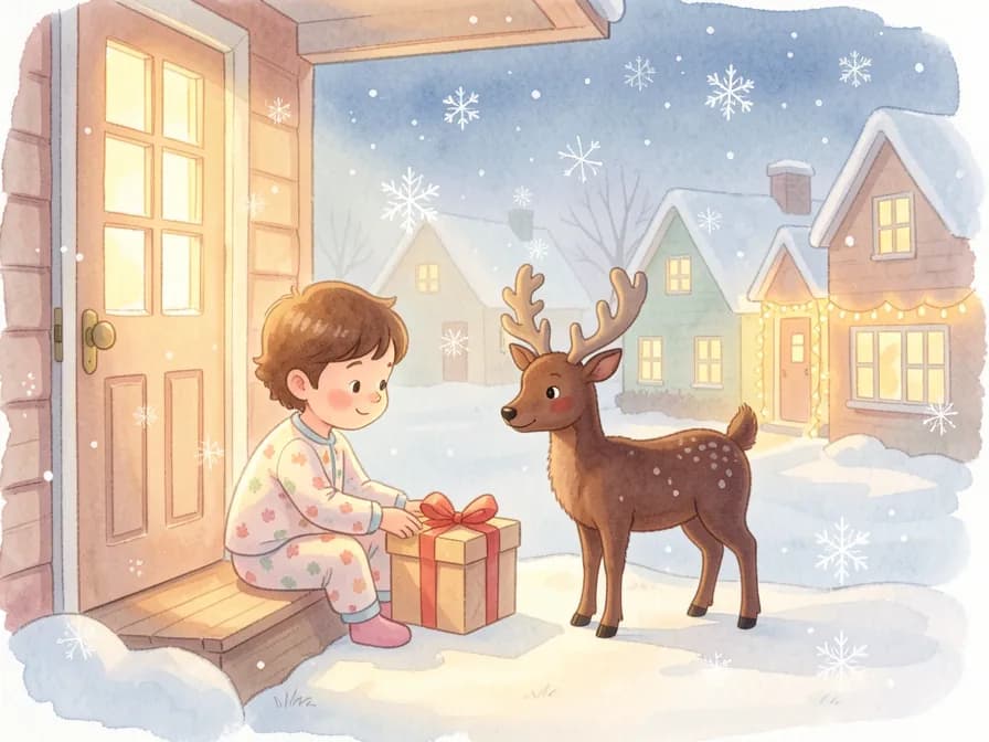 A child in pajamas sits on a snowy porch placing a gift box down next to a small reindeer.