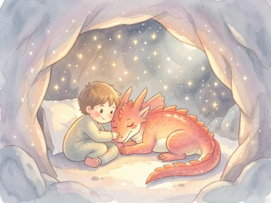 A young child sits peacefully in a cozy cave, gently touching a sleeping dragon with sunset-colored scales amidst glowing sparkles.