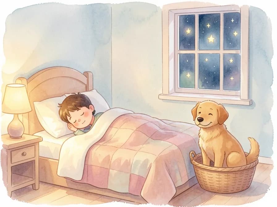 A child sleeps peacefully in bed next to a golden dog sitting in a wicker basket in a cozy, dimly lit bedroom.