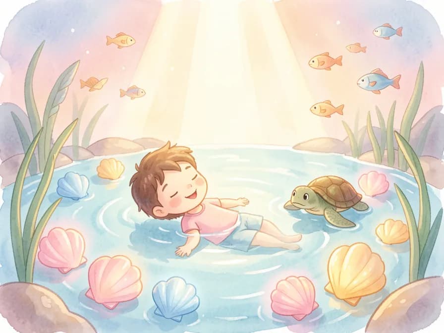 A peaceful illustration of a child floating in water surrounded by glowing shells, a sea turtle, and swimming fish under soft light.