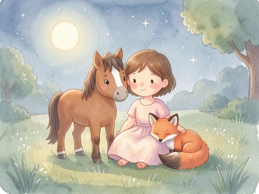 A young girl in a light dress sits in a moonlit meadow with a brown pony and a sleeping fox kit.