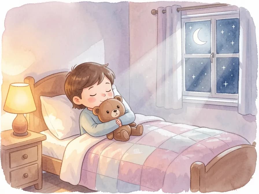 A peaceful illustration of a child sleeping in bed while hugging a teddy bear, illuminated by moonlight and a bedside lamp.