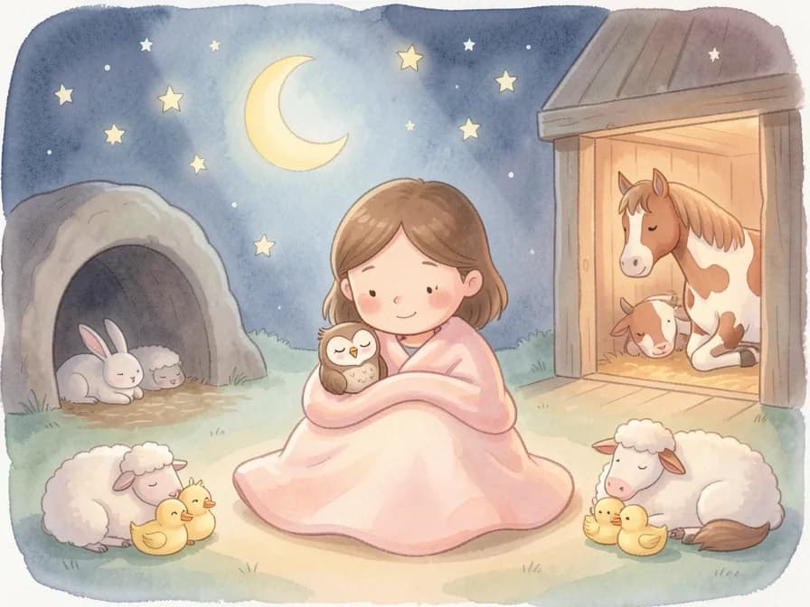 A young girl wrapped in a pink blanket sits under a crescent moon and stars, holding a sleepy owl, surrounded by various peaceful sleeping animals.