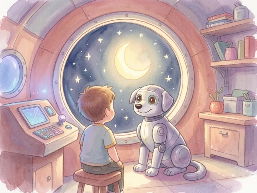 A child and a friendly robot dog sit in a cozy rocket cabin looking out at the moon and stars.