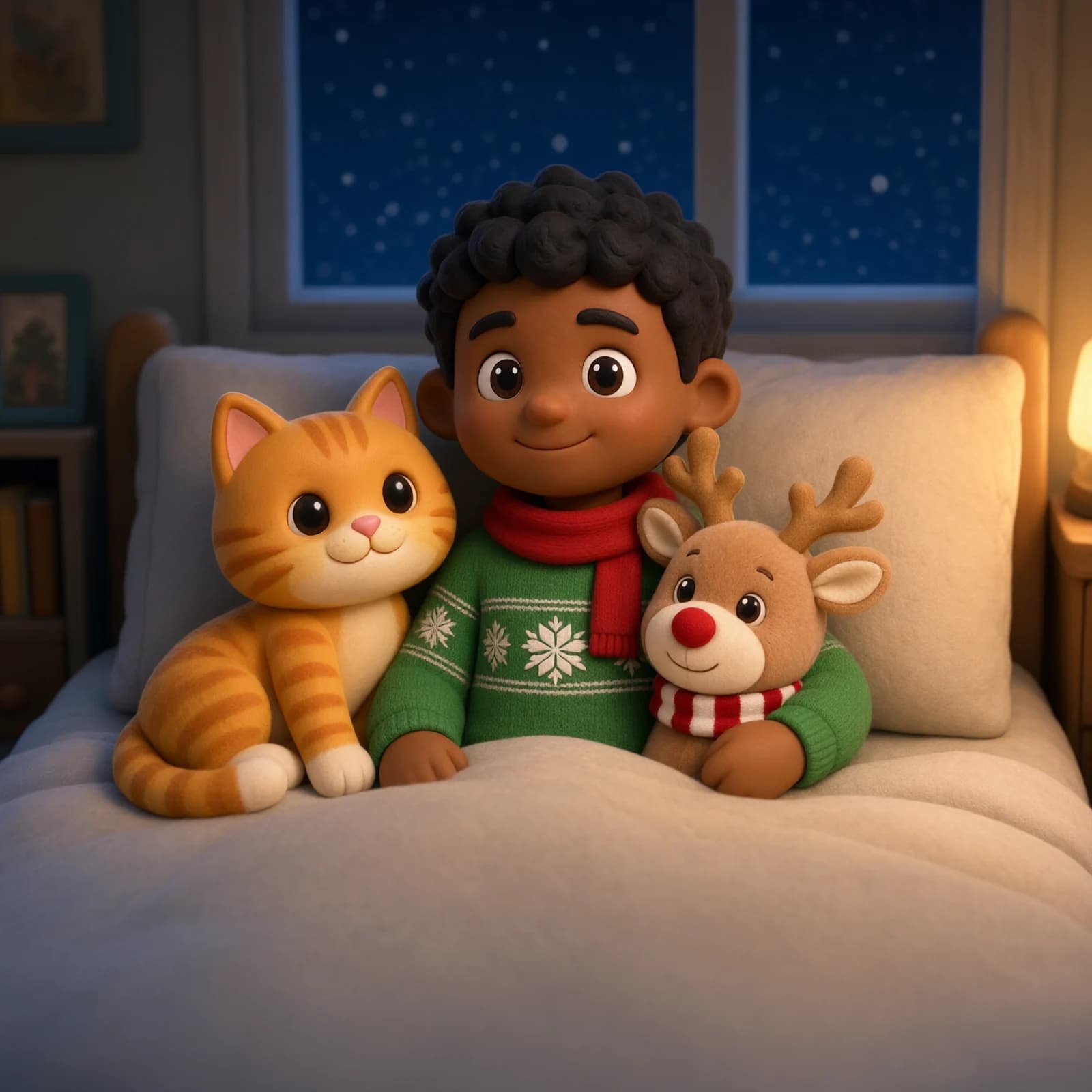 Illustration: On snowy Christmas Eve, Leo snuggled deep in bed, with Mittens curled soft and warm at his feet, and Rudy tucked close under one arm.