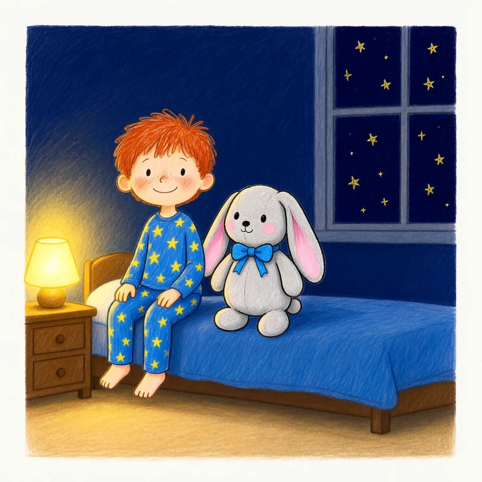 Illustration: Noah loved his cozy bed, soft and warm with little stars on his pajamas.