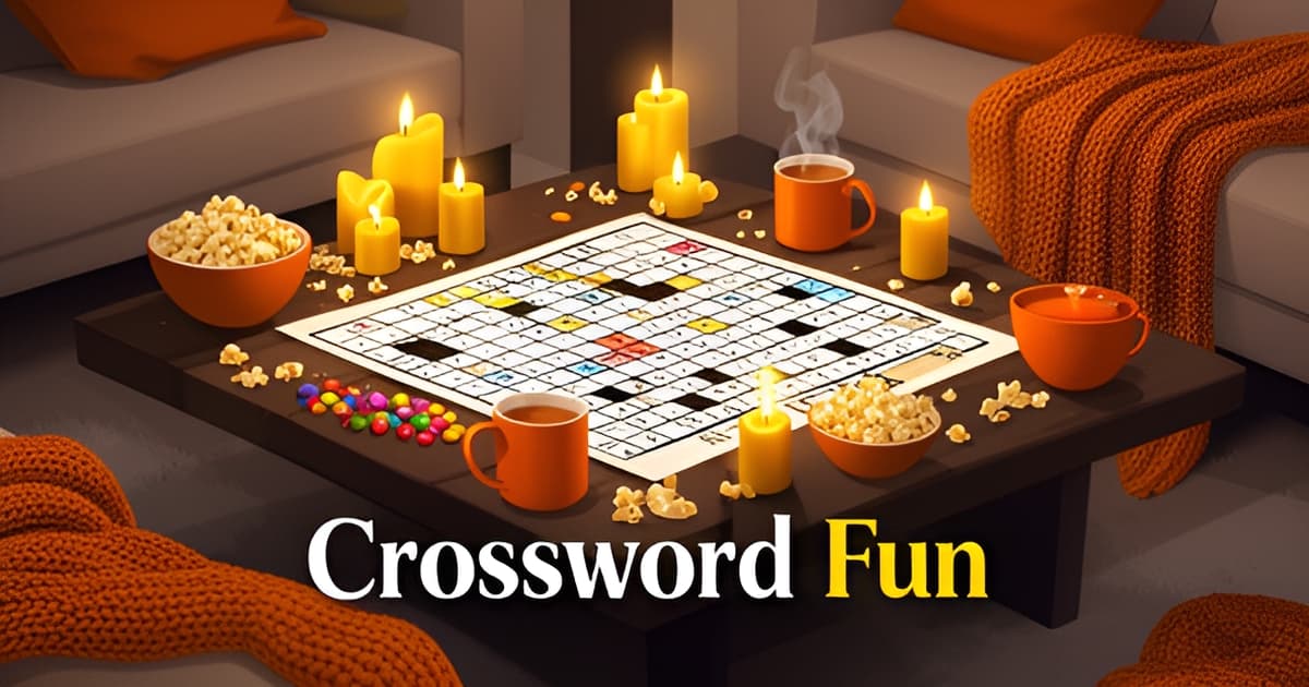 A family game night scene with a large crossword puzzle and cozy elements like candles and snacks.