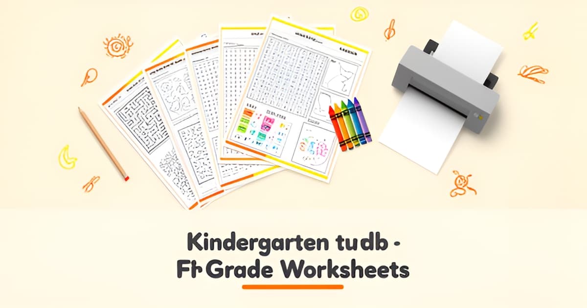Flat illustration of printable K-5 activity worksheets with mazes and word searches in orange and yellow brand colors, headline reading Free Worksheets, No Signup.