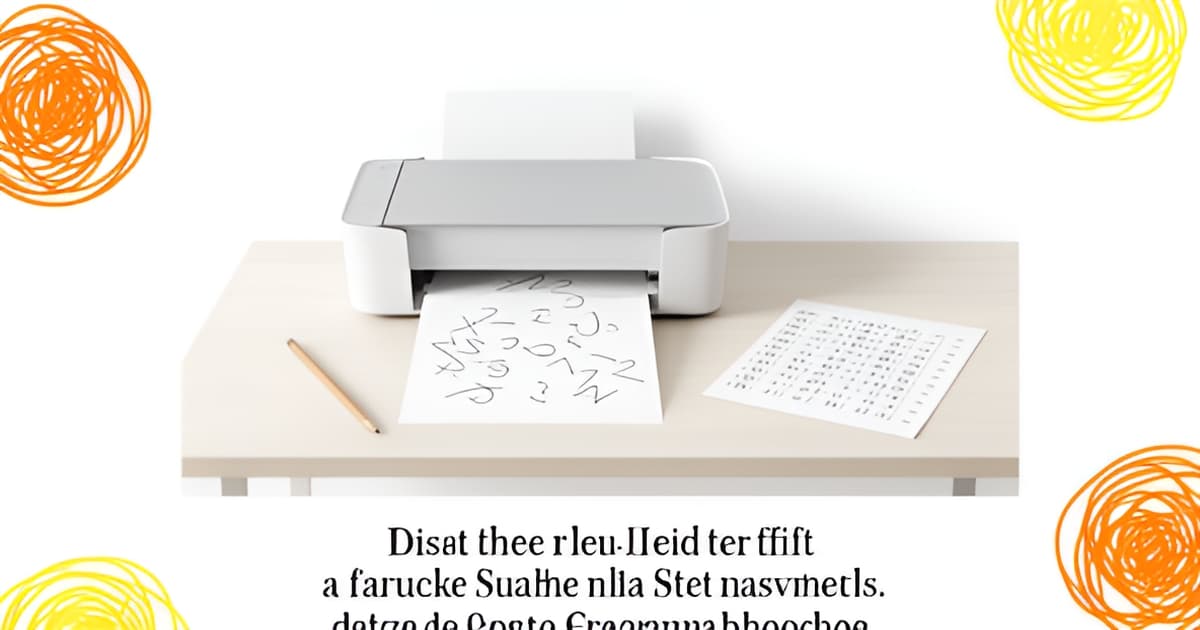 Flat illustration of a printer outputting a math worksheet with pencil and answer key in orange and yellow accents.