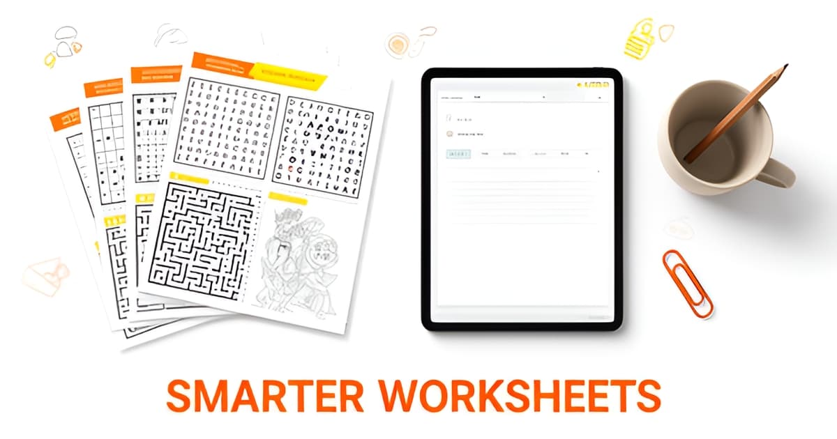 Flat illustration of printed worksheets, a maze, and a word search beside a tablet in orange and yellow brand colors.