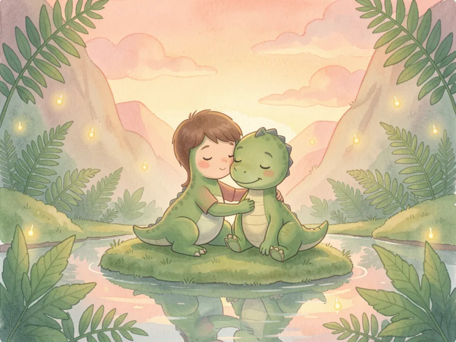 A child and a small green dinosaur sit together on a mossy island in a pool at dusk, surrounded by ferns and glowing fireflies.
