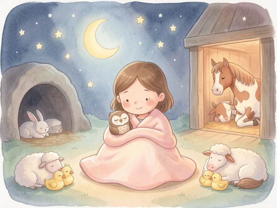 A young girl wrapped in a pink blanket sits under a crescent moon and stars, holding a sleepy owl, surrounded by various peaceful sleeping animals.