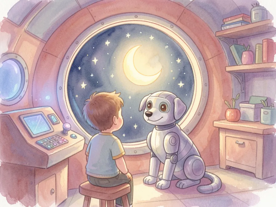 A child and a friendly robot dog sit in a cozy rocket cabin looking out at the moon and stars.