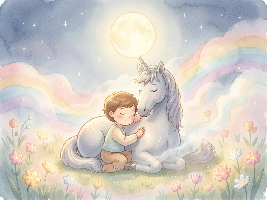 A child sits peacefully next to a silver unicorn in a moonlit meadow filled with glowing flowers and rainbow mist.