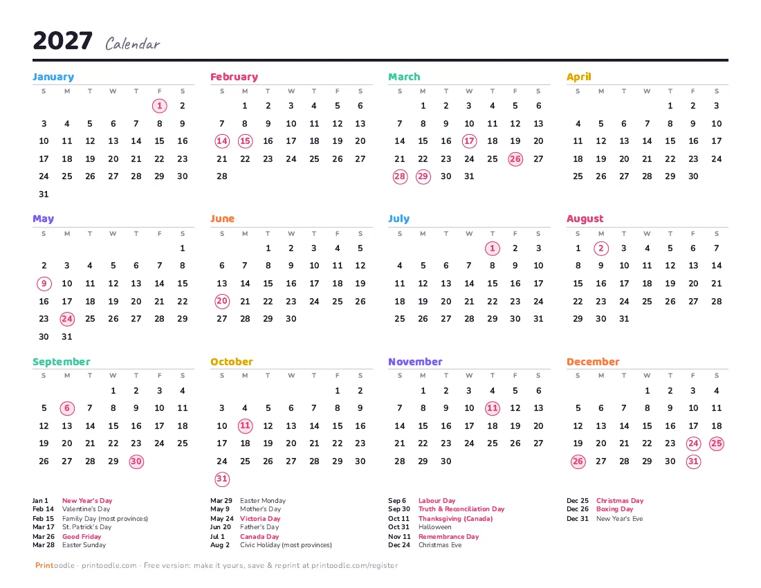2027 calendar with Canadian holidays printable preview