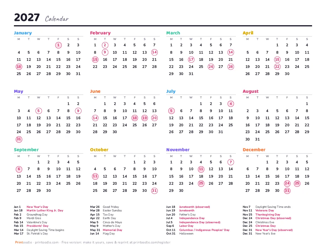 2027 monthly calendar: Monday start printable preview