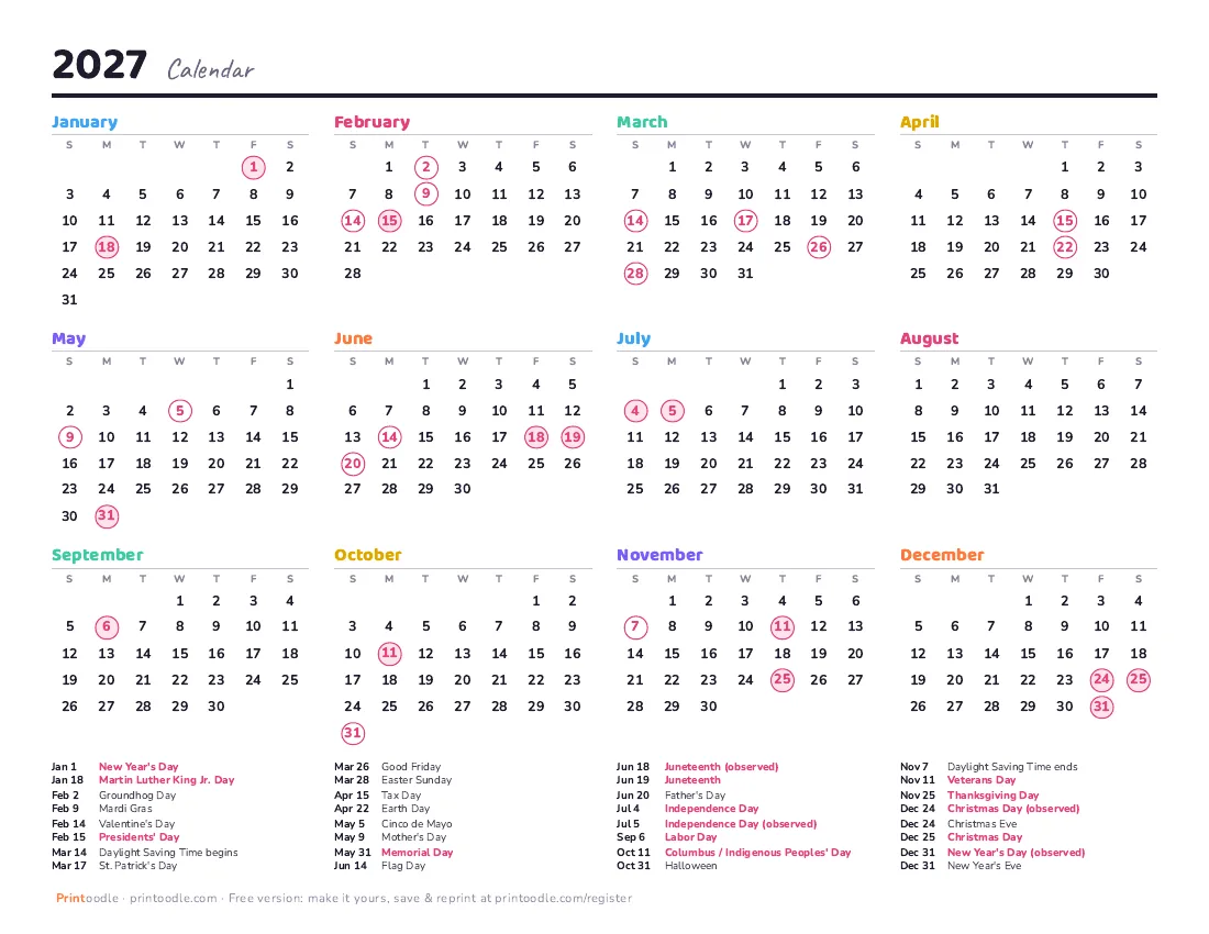 2027 monthly calendar: Sunday start printable preview