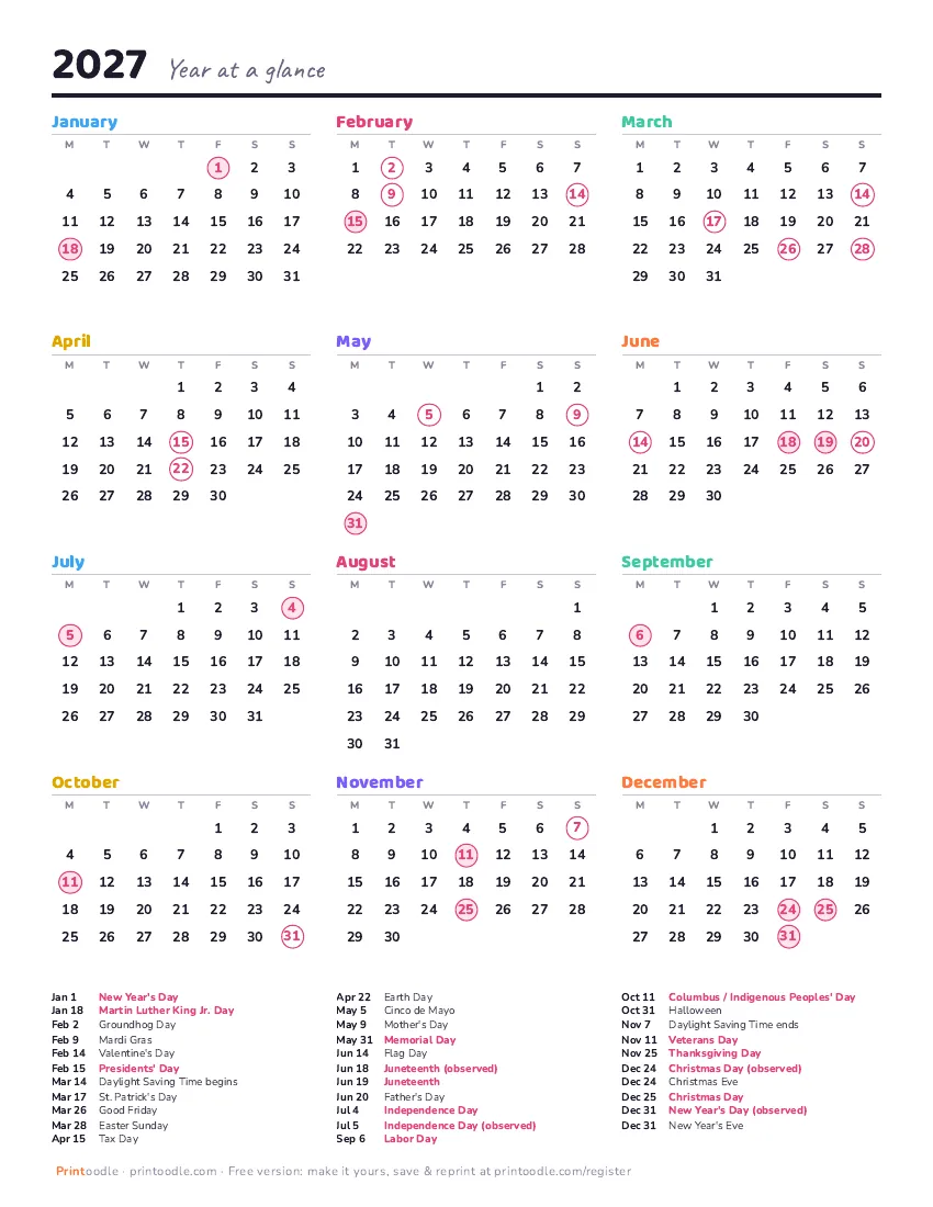 2027 yearly calendar: Monday start printable preview