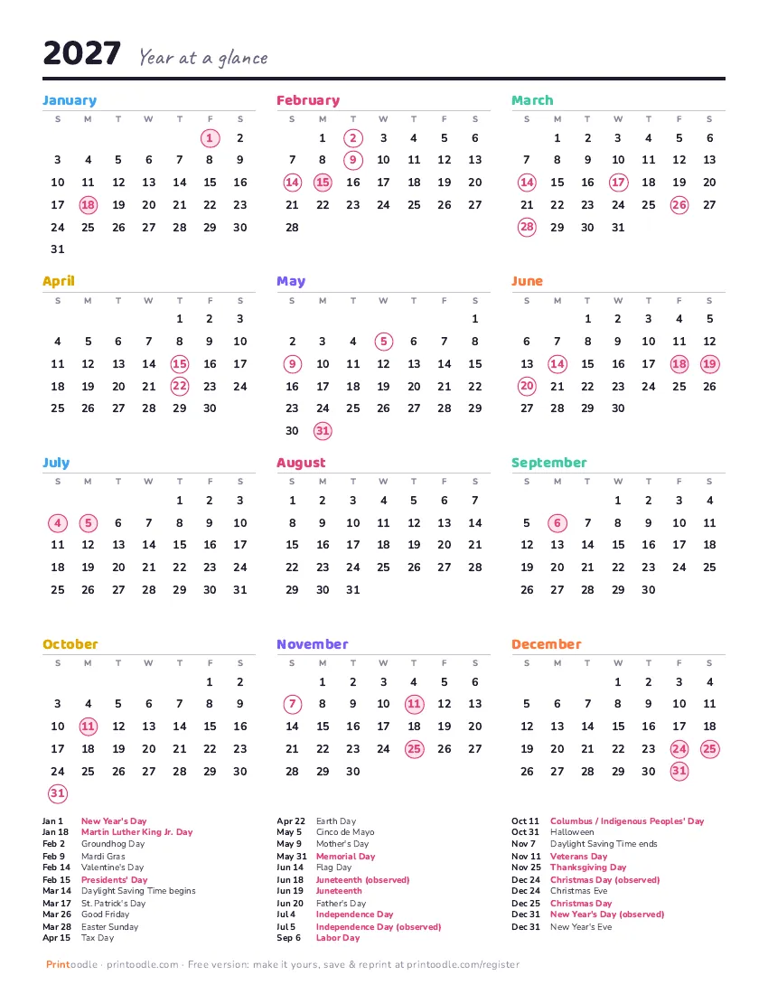 2027 yearly calendar: Sunday start printable preview