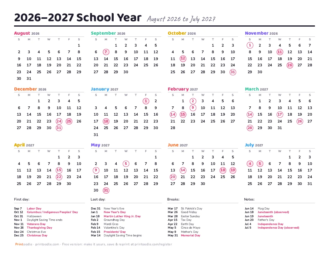 Academic calendar 2026–2027 (Aug–Jul) printable preview