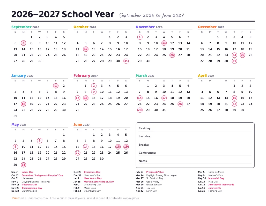 School calendar 2026–2027 (Sep–Jun) printable preview