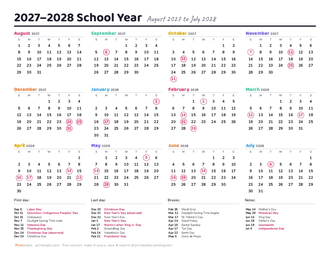 Academic calendar 2027–2028 (Aug–Jul) printable preview