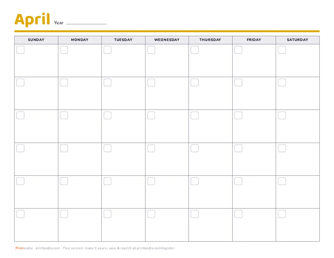 April 2027 calendar, blank printable preview