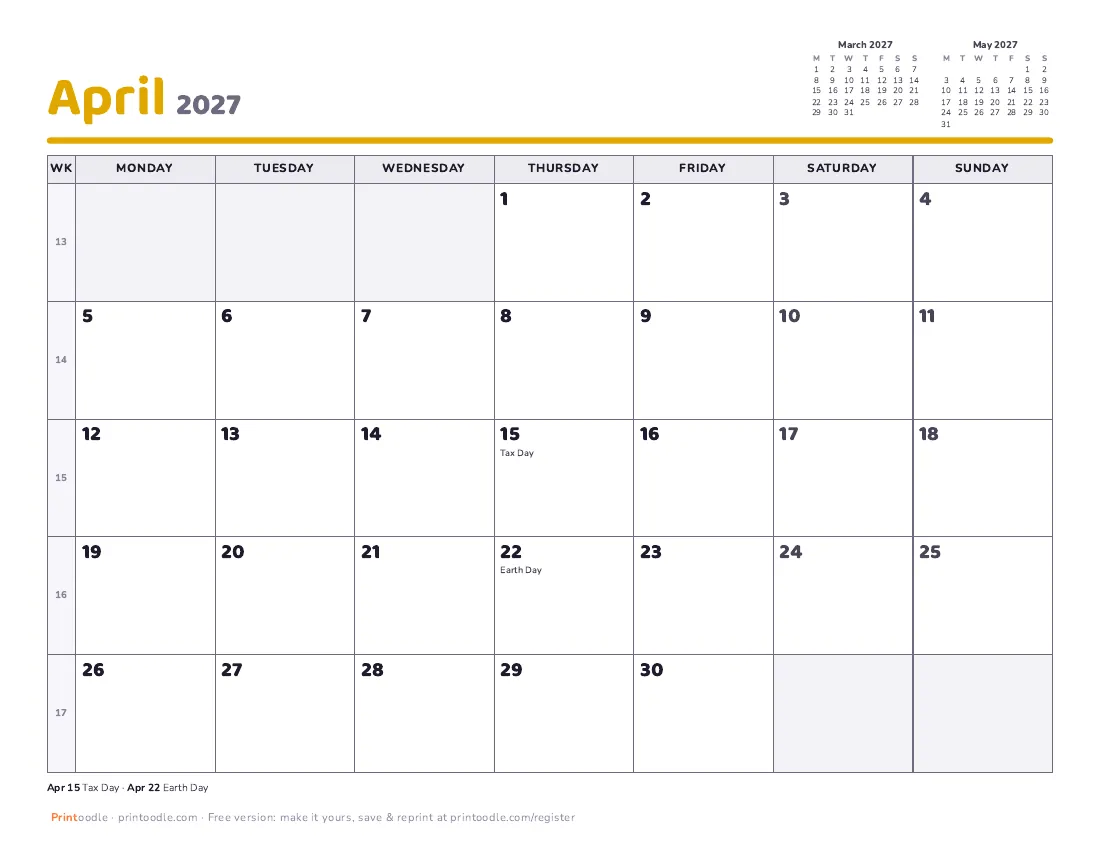 April 2027 calendar, Monday start printable preview