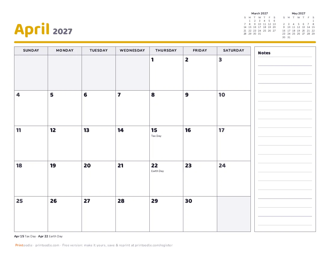 April 2027 calendar, with notes printable preview
