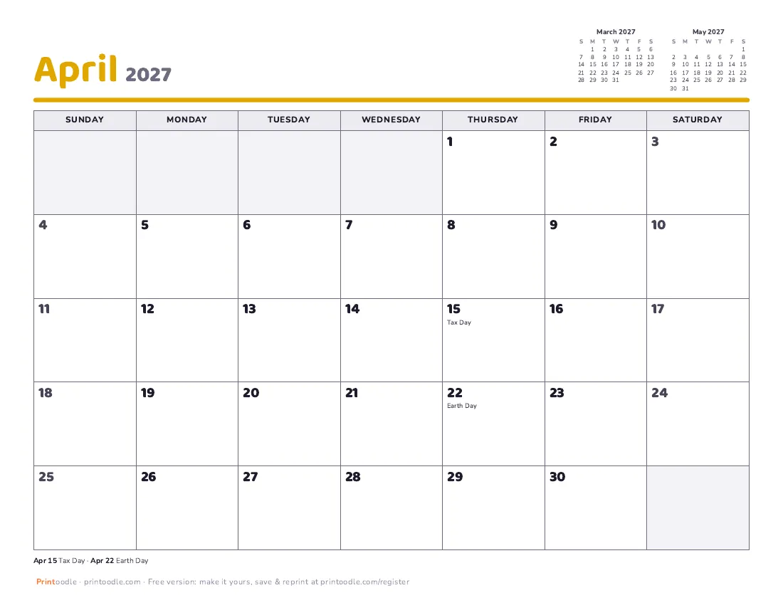 April 2027 calendar preview