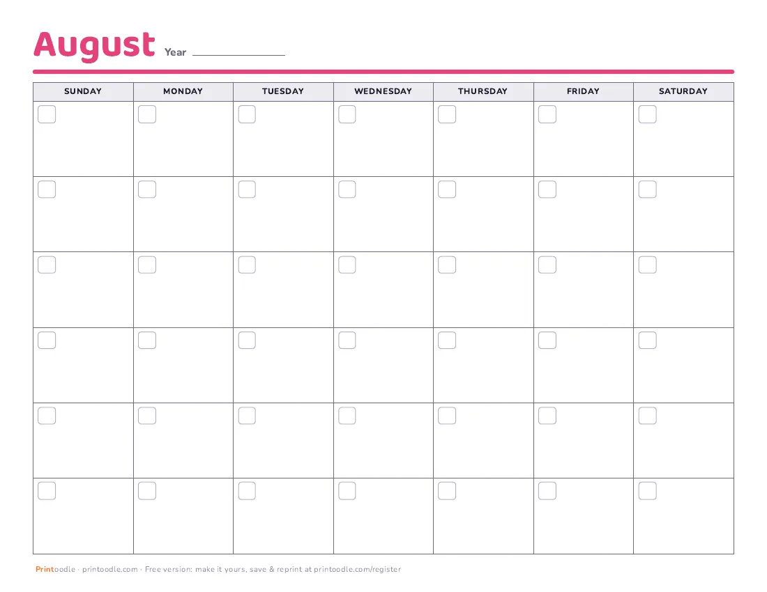 August 2027 calendar, blank printable preview