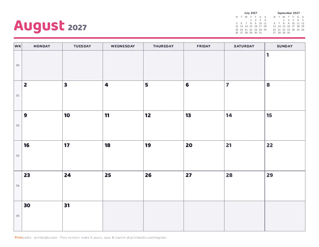 August 2027 calendar, Monday start printable preview