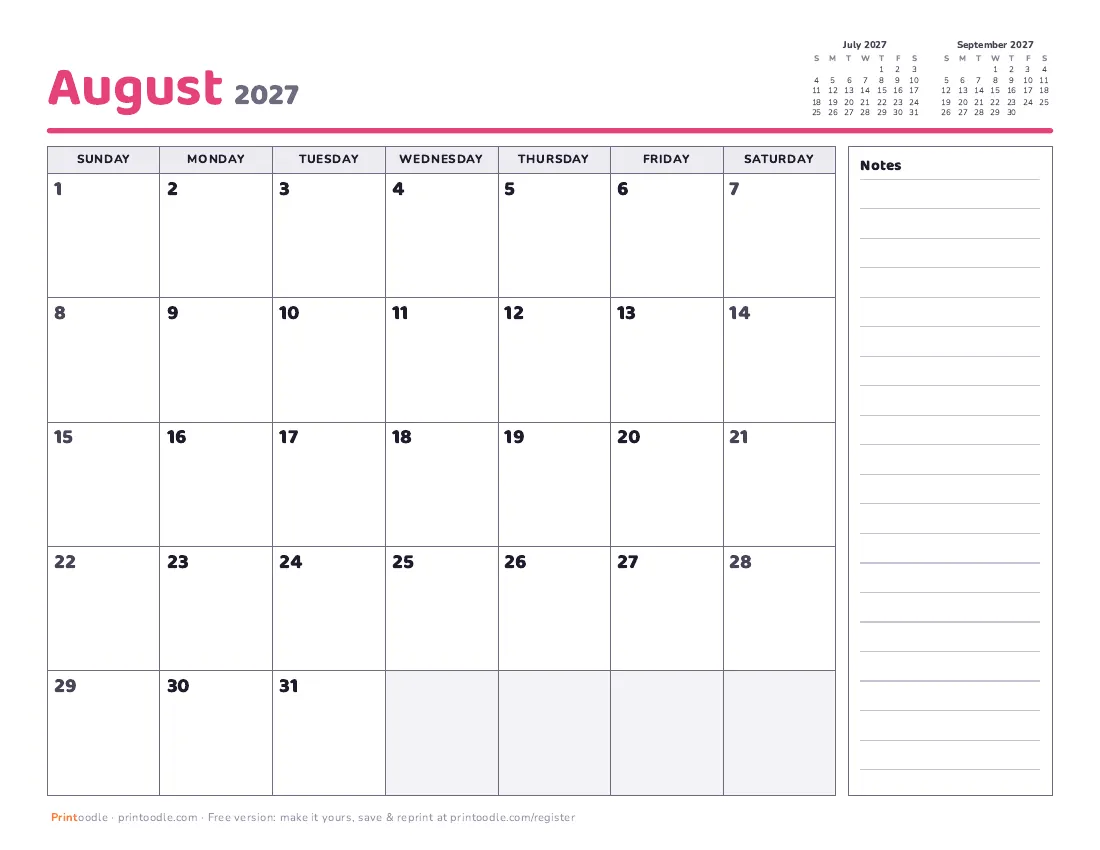 August 2027 calendar, with notes printable preview