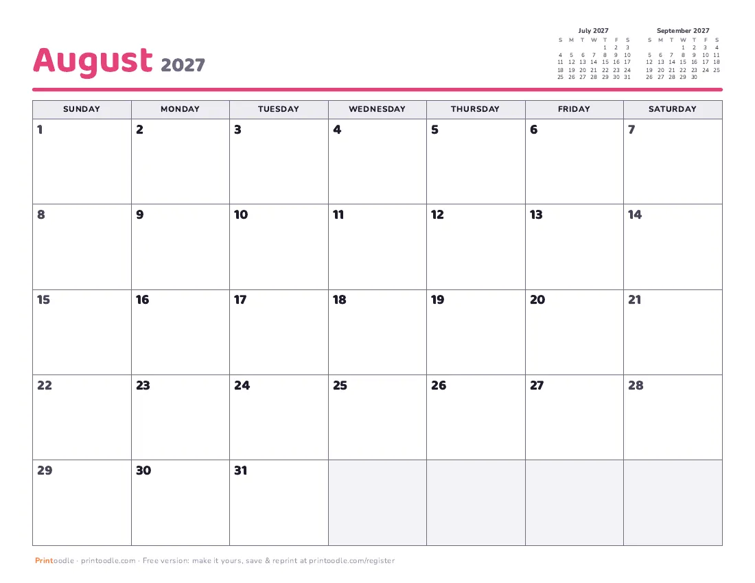 August 2027 calendar preview