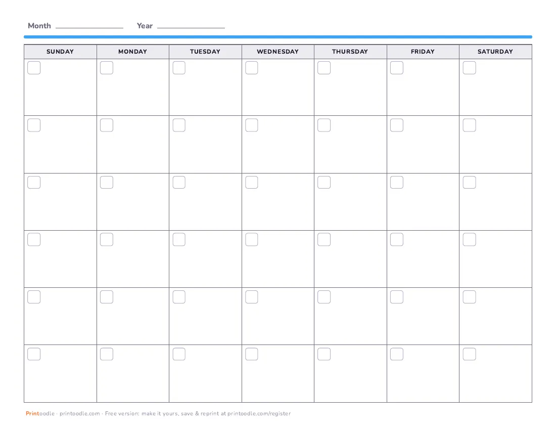 Blank monthly calendar printable preview