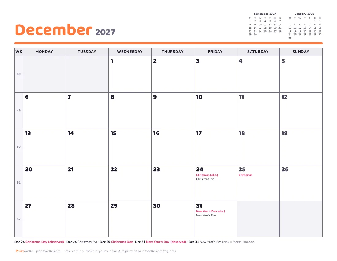 December 2027 calendar, Monday start printable preview