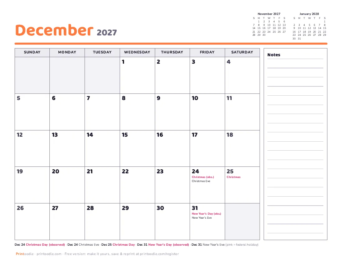 December 2027 calendar, with notes printable preview
