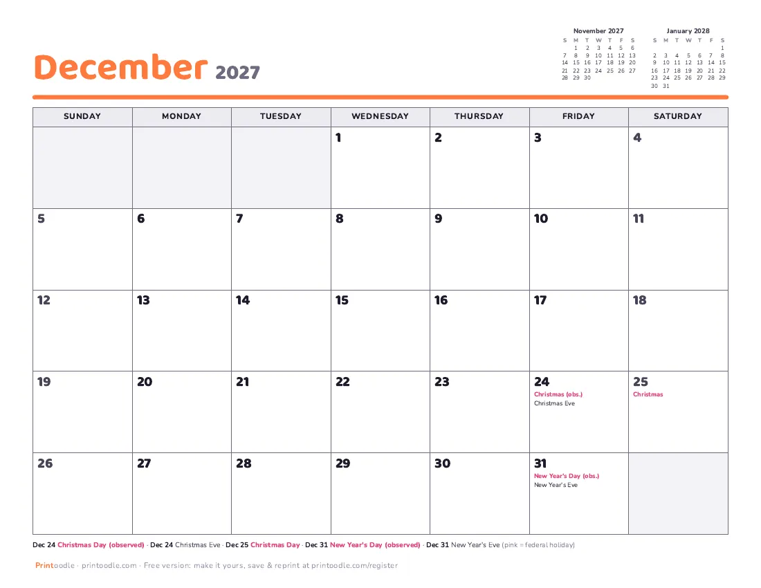 December 2027 calendar preview