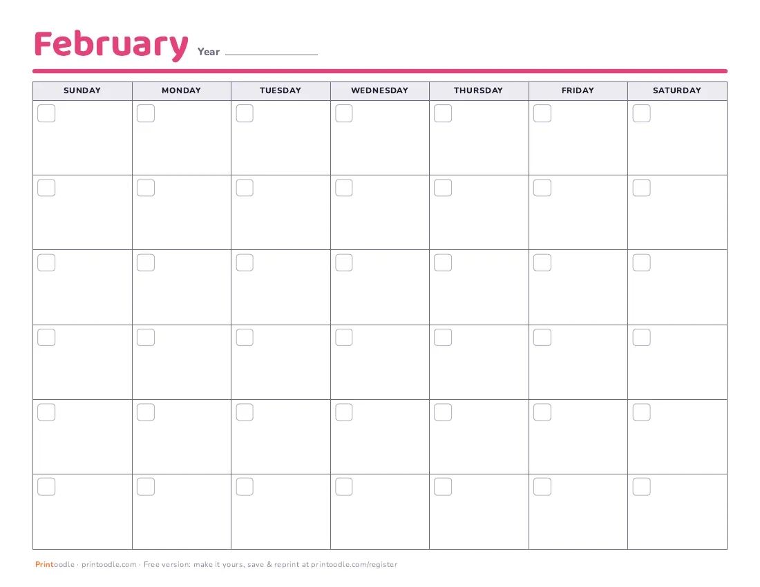 February 2027 calendar, blank printable preview