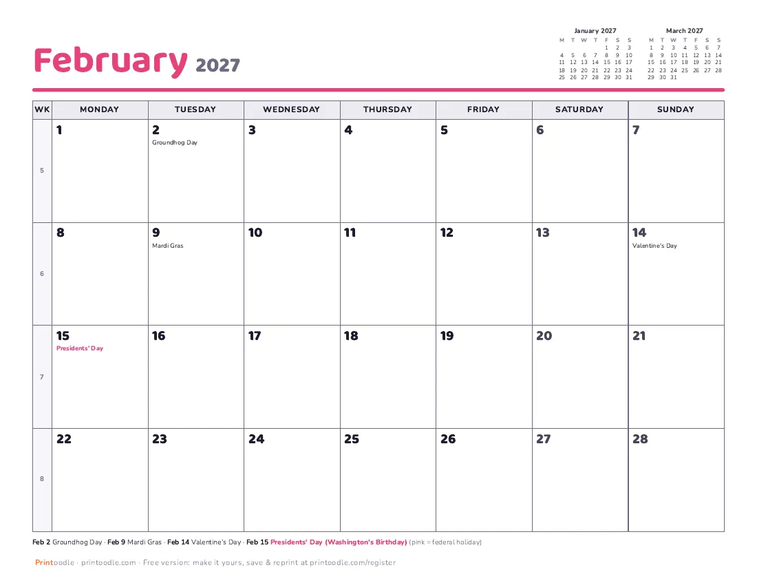 February 2027 calendar, Monday start printable preview