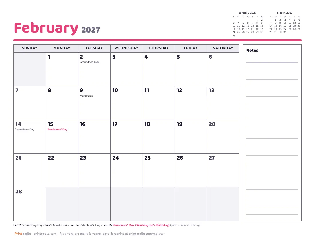 February 2027 calendar, with notes printable preview