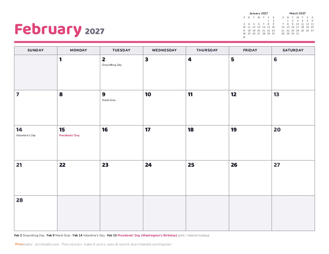 February 2027 calendar preview