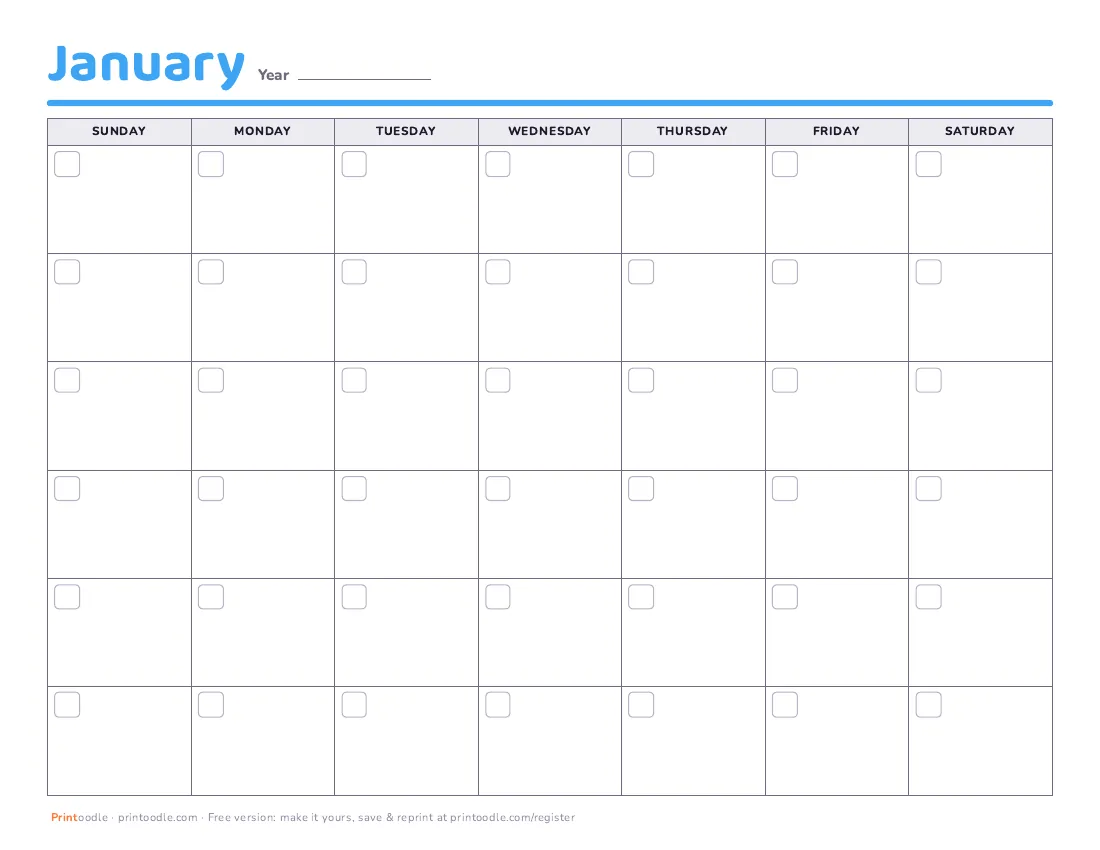 January 2027 calendar, blank printable preview