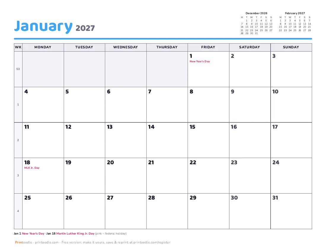 January 2027 calendar, Monday start printable preview