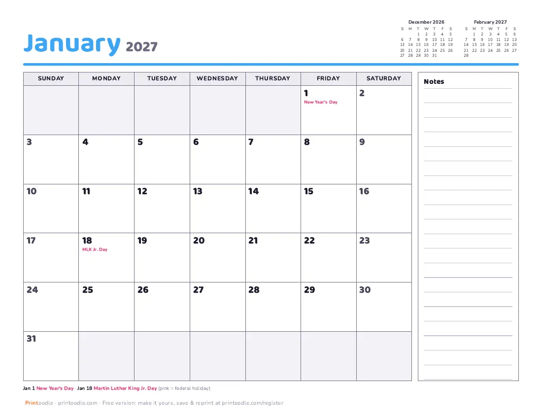 January 2027 calendar, with notes printable preview
