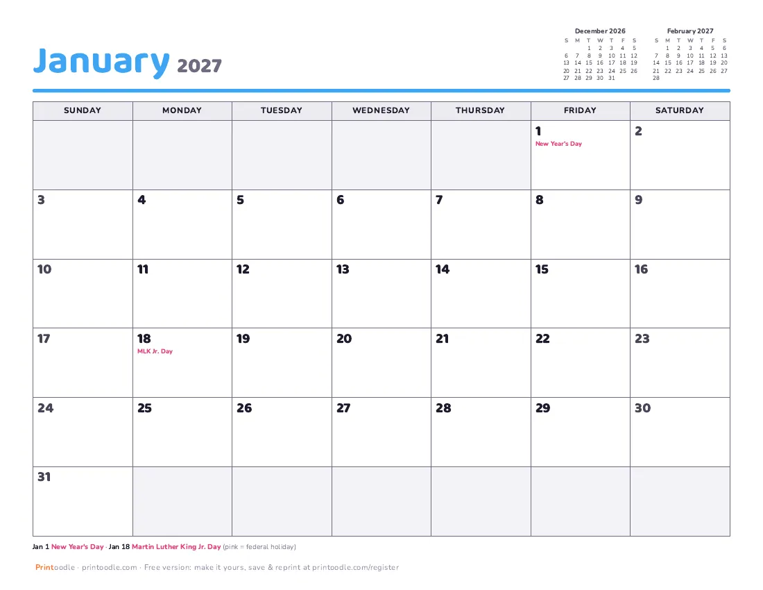 January 2027 calendar preview