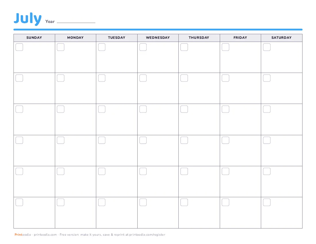 July 2027 calendar, blank printable preview