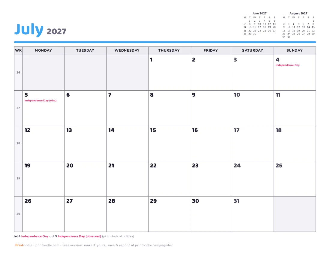 July 2027 calendar, Monday start printable preview